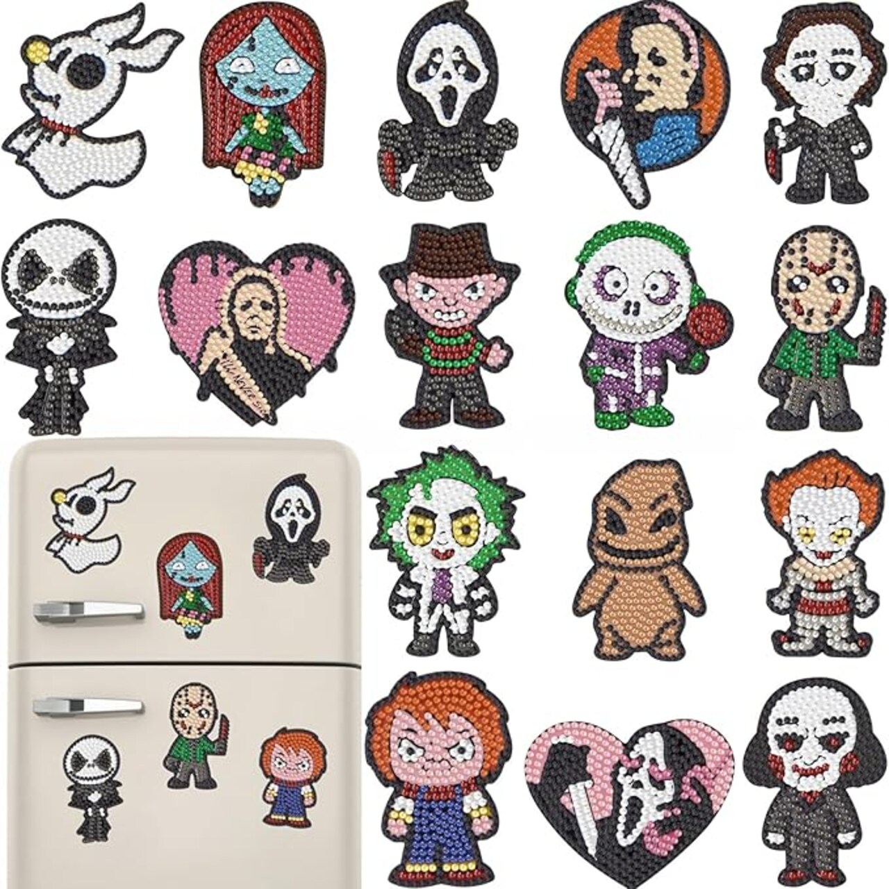 16 Pcs Horror Diamond Painting Magnets Kits Diamond Art Fridge Magnet Refrigerator Sticker Diamond Painting kit for Beginners Adults DIY Art Craft Gifts Home Decors